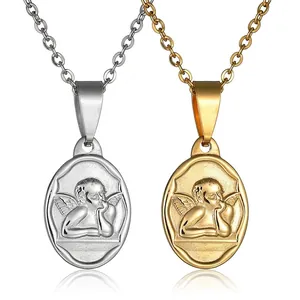Vintage Cupid Angel Relief Oval Pendant Necklace Stainless Steel Minimalist Guardian Religious Jewelry Gift For Women