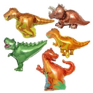 Set dettagliato di cinque palloncini dinosauro 3D colorati in alluminio per feste