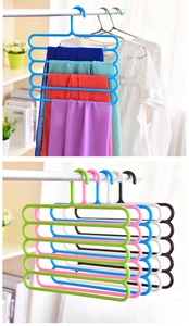 Five-tier S-shaped plastic hanger for organizing colorful scarves and trousers in closets