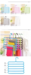 Detail view of 5-tier multi-color S-type pants hangers showing various color options