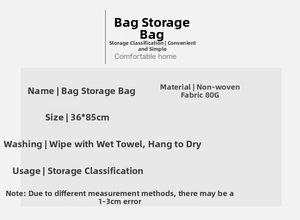 Detailed specifications for 36x85cm non-woven multi-layer handbag storage bag
