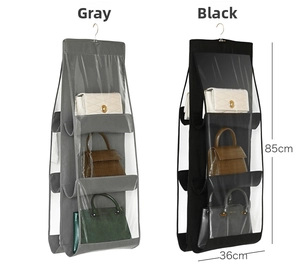 Hanging handbag organizer detail showing 3-tier PVC slots and 85x36cm dimensions