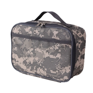 Macro detail of digital camo oxford fabric and dual zippers on the lunch bag