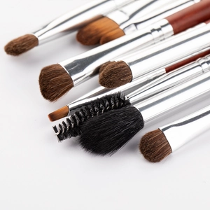 Professional 10pcs horse hair eyeshadow brush set with mahogany handles and silver ferrules