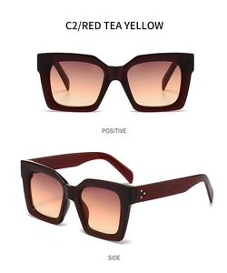 Detail view of square PC sunglasses with three metal rivets and gradient tea yellow lenses