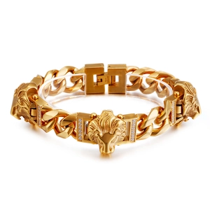 Gold stainless steel hip hop bracelet featuring a lion head with sparkling crystal accents