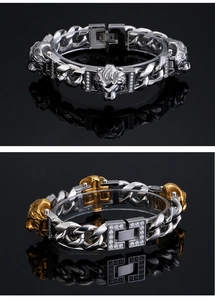Detail of hip-hop lion head relief on heavy link bracelets in silver and gold tones
