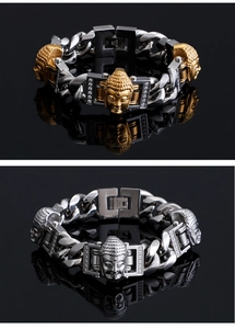Detailed macro view of Buddha head Cuban bracelets with silver and gold finishes