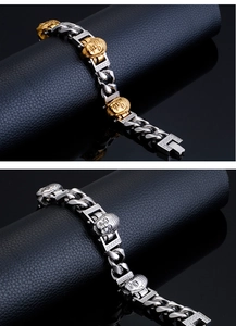 Macro detail of stainless steel Buddha head bracelets with encrusted cubic zirconia