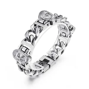Men Stainless Steel Buddha Head Cuban Link Bracelet With Zircon Rhinestone Inlaid Hip Hop Punk Vintage Jewelry