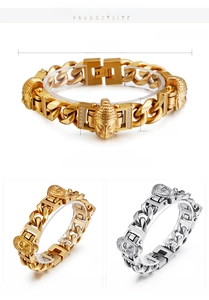 Detailed specs of Buddha head Cuban chain bracelet in 18K gold and steel finishes