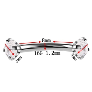 Surgical stainless steel curved eyebrow ring with 3mm clear cubic zirconia stones
