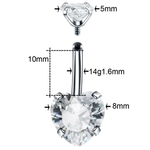 Stainless steel heart zircon belly ring dimensions showing 1.6mm gauge and 10mm length