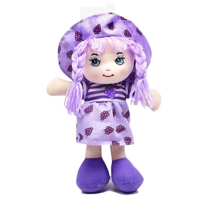 Cute rag doll in purple grape print dress and hat with yarn braids for girls
