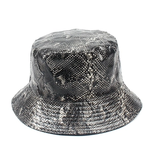 Detail of faux snakeskin leather bucket hat showing texture and reinforced stitching