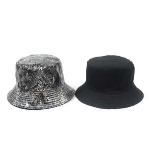Reversible PU snake skin print and solid black bucket hat for unisex street style fashion