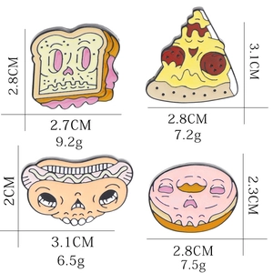 Detailed size and weight specs for skull pizza and hotdog enamel pins on white background