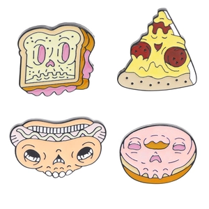 Punk style alloy enamel pins featuring skull-themed pizza, hot dog and donuts