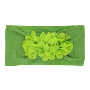 Elastic nylon baby headband in green featuring three chiffon flowers for infants