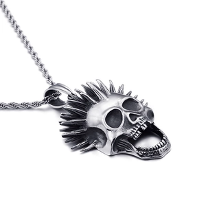 Punk style silver skull pendant with spikes and twist chain on stainless steel necklace
