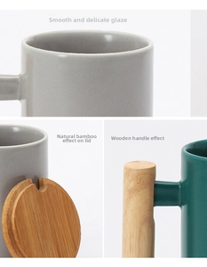 Detail view of matte ceramic mug with natural bamboo lid and solid wooden handle