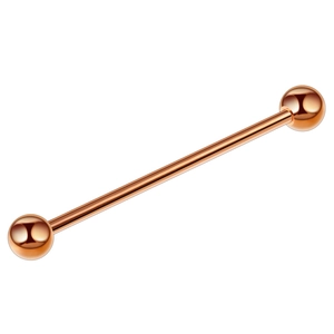 Detail shot of rose gold industrial piercing barbell with polished finish on white background