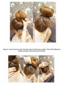 Detailed hair styling guide showing how to tuck hair into the donut bun maker tool