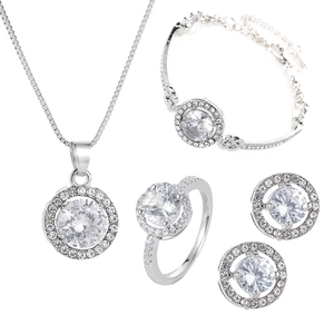 Elegant silver jewelry set with halo cubic zirconia necklace, bracelet, ring and earrings