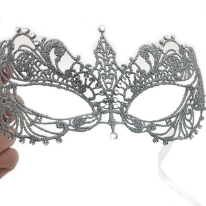 Silver lace masquerade mask with sparkling rhinestones and glitter finish for party