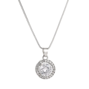 Close-up of silver halo pendant necklace with large round zircon and box chain