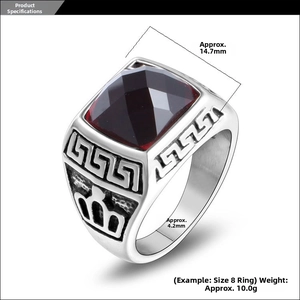 Macro view of men's titanium ring with red gemstone showing exact width and weight details