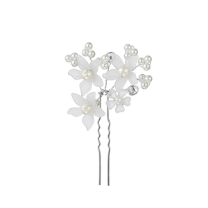 Elegant white acrylic flower hair pin with silver metal, pearls and crystals for wedding
