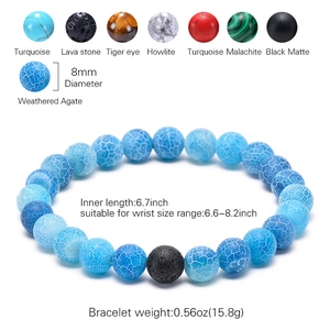 Bracelet de 8mm en agate patinée et pierre de lave avec spécifications détaillées des matériaux