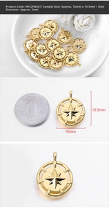 Detail of 16mm gold starburst compass pendants for jewelry making and DIY crafts