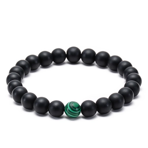 Bracelet de 8mm en pierre de lave mate noire avec perle d'agate rayée verte pour couples