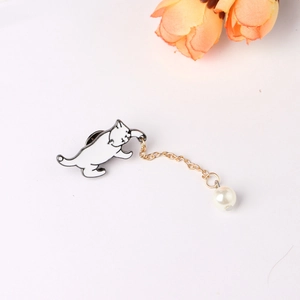 Cute white enamel cat brooch with pearl chain dangle and creative animal design