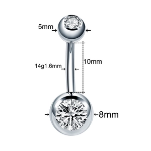 Polished stainless steel double zircon belly ring with 5mm and 8mm clear stones