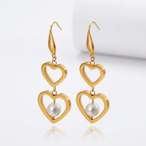 Stainless Steel Double Hollow Heart Dangle Earrings With Artificial Pearl 18K Gold Plated Fashion Jewelry For Women Elegant