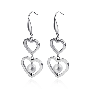 Silver double layer heart-shaped titanium steel earrings with white pearl drop design