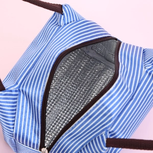 Blue and white striped insulated lunch bag with oxford fabric and aluminum foil lining