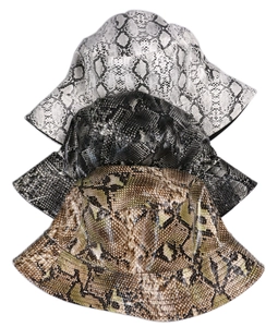 Close-up of three snakeskin pattern bucket hats in black, grey, and brown color options