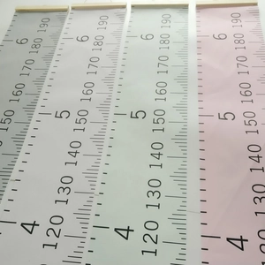 Detail of wooden canvas growth charts for children in grey, beige, green and pink