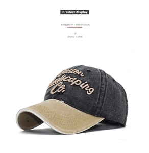 Detail of Boston embroidery on grey and khaki vintage washed cotton baseball cap