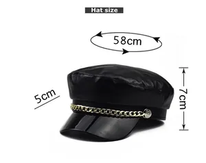 Size chart showing 58cm head circumference for black PU chain newsboy hat