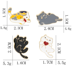 Set of four cute enamel cat brooches in various poses with detailed size specifications