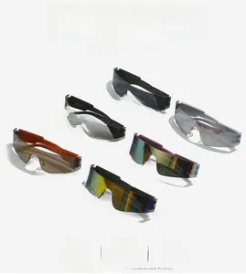 Detailed view of futuristic rimless shield sunglasses in six vibrant lens colors with CE mark