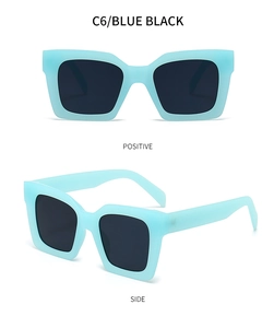 Detailed front and side view of square PC sunglasses in matte light blue with dark lenses