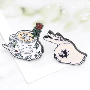 Enamel coffee cup with rose and white gesture hand pins set in punk style design
