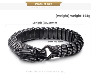 Detail view of dragon scale bracelet texture and head clasp with product dimensions