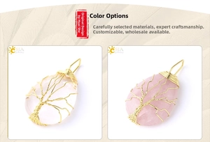 Detail of wire-wrapped tree of life crystal pendants in rose quartz and clear quartz